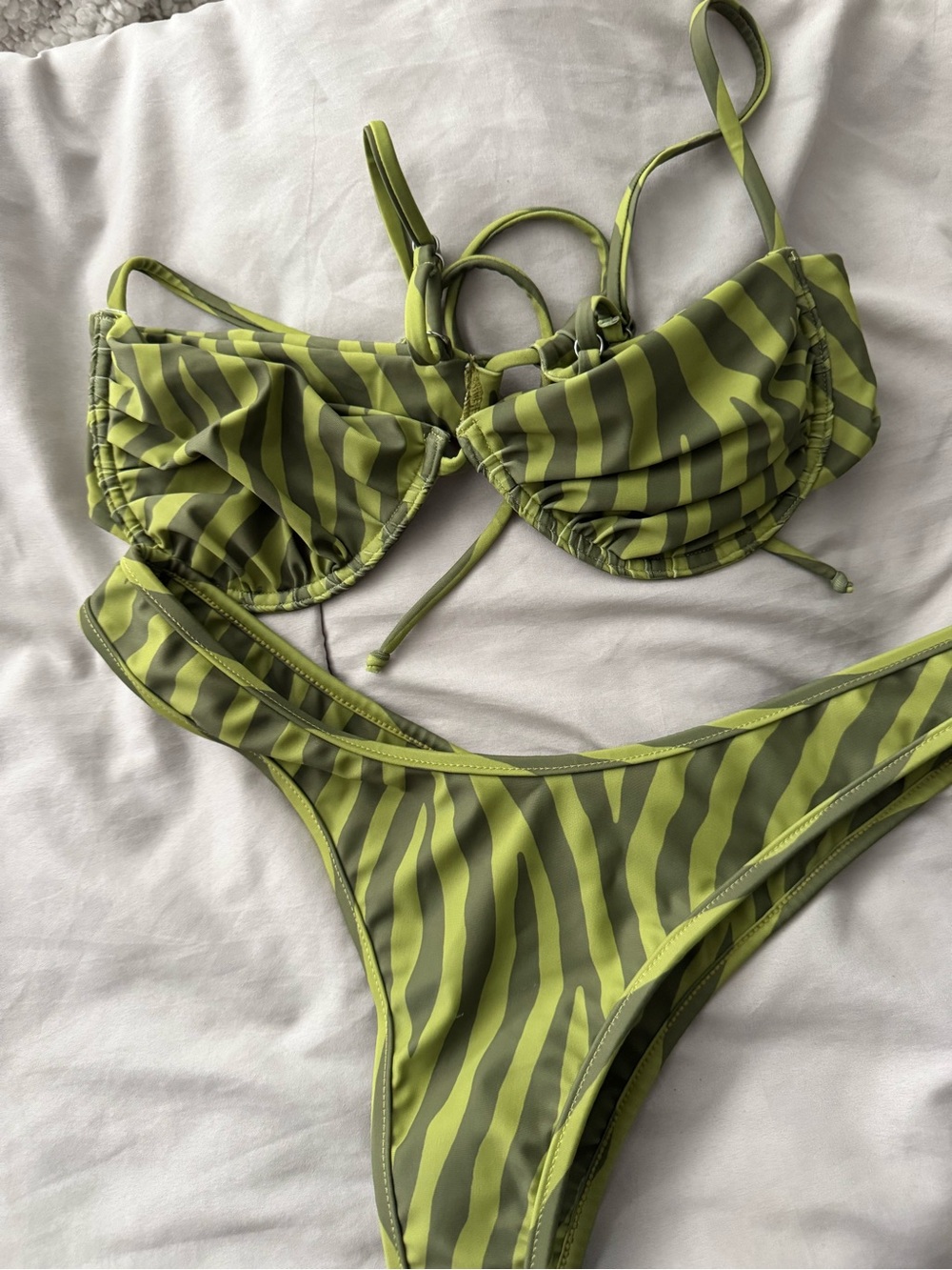 Olive Green Zebra Stripe Underwire Bikini Set- brand Everie Swim